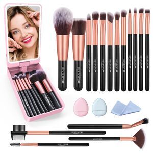 20 Pcs Gold Travel Makeup Brush Set With Led Light Mirror Holder & 2 Powder Puff